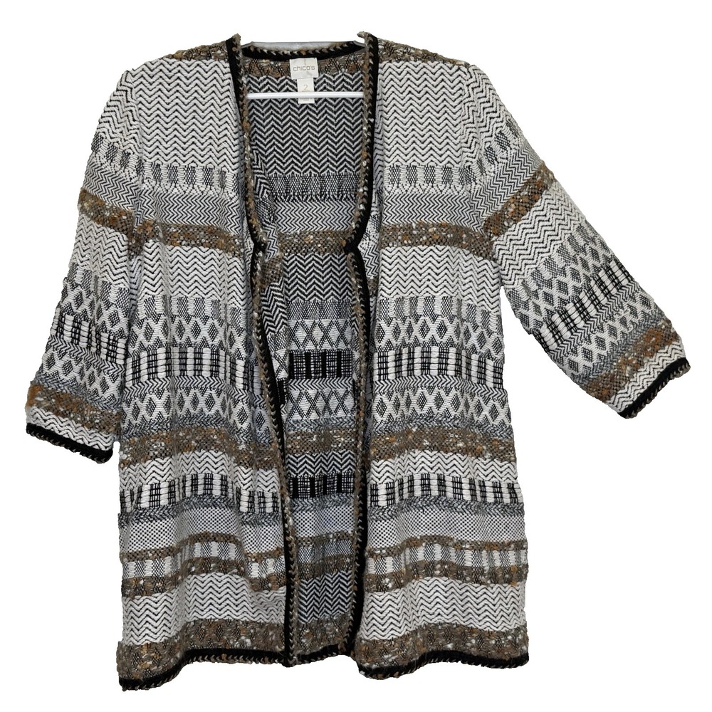 Chico's Tunic Sweater Cardigan Size 2‎ Large BOHO Open Front 3/4 Sleeve Pockets